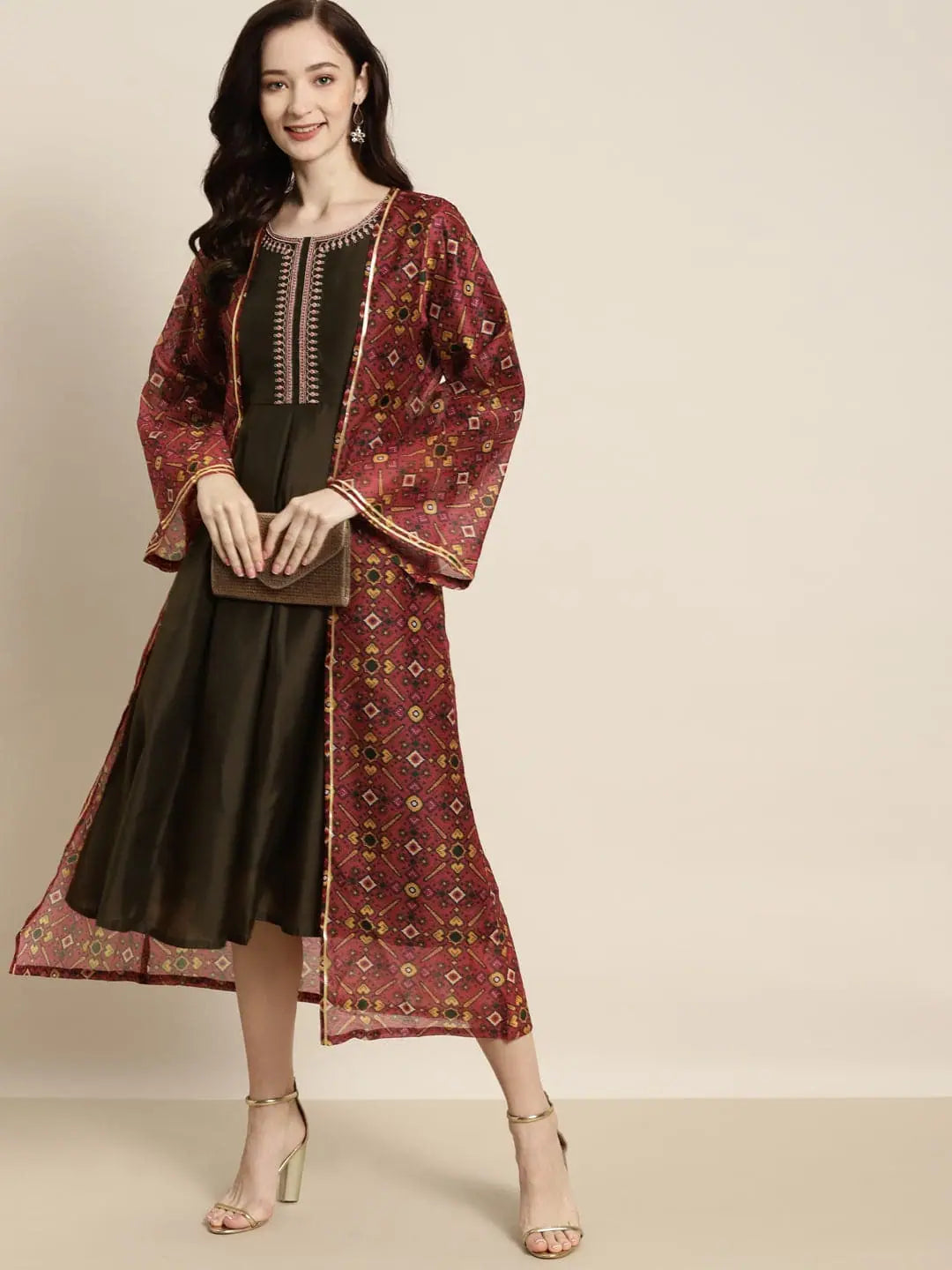 Women Printed Maroon Full Sleeve Jacket Cardigan Sweater Pullover