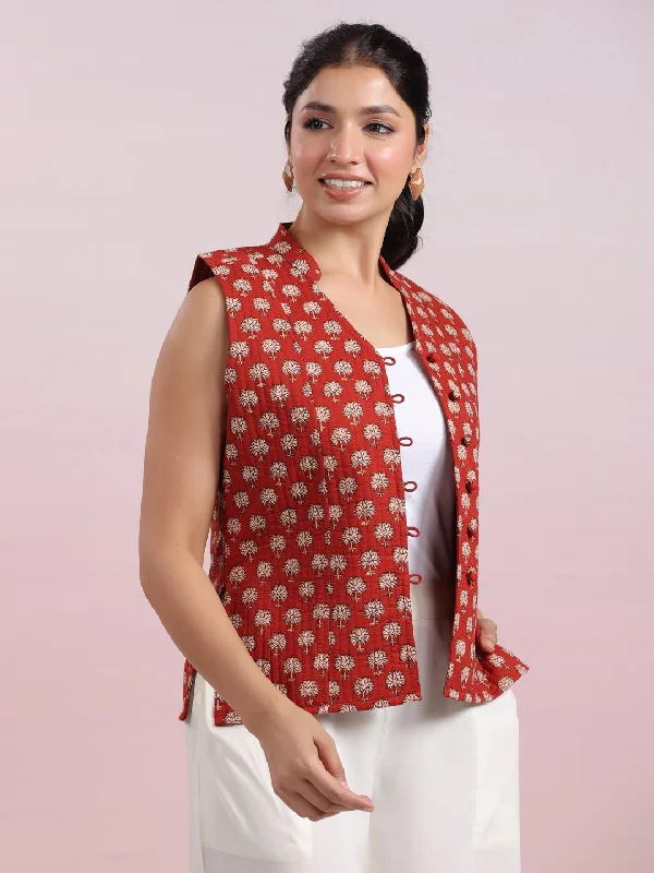 Janasya Straight Cambric Maroon Jacket Stand-Up Collar Roll-Neck Collar Turtle Neck