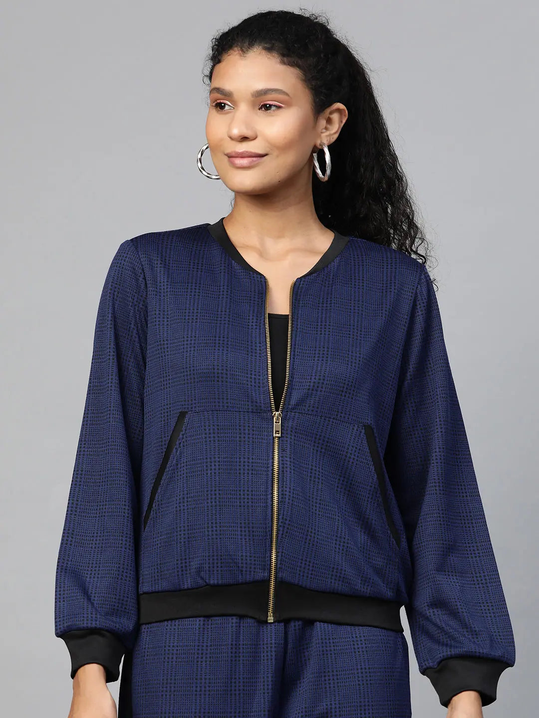Women Printed Navy Round Neck Full Sleeve Jacket Mesh Jacket Canvas Jacket Denim Jacket