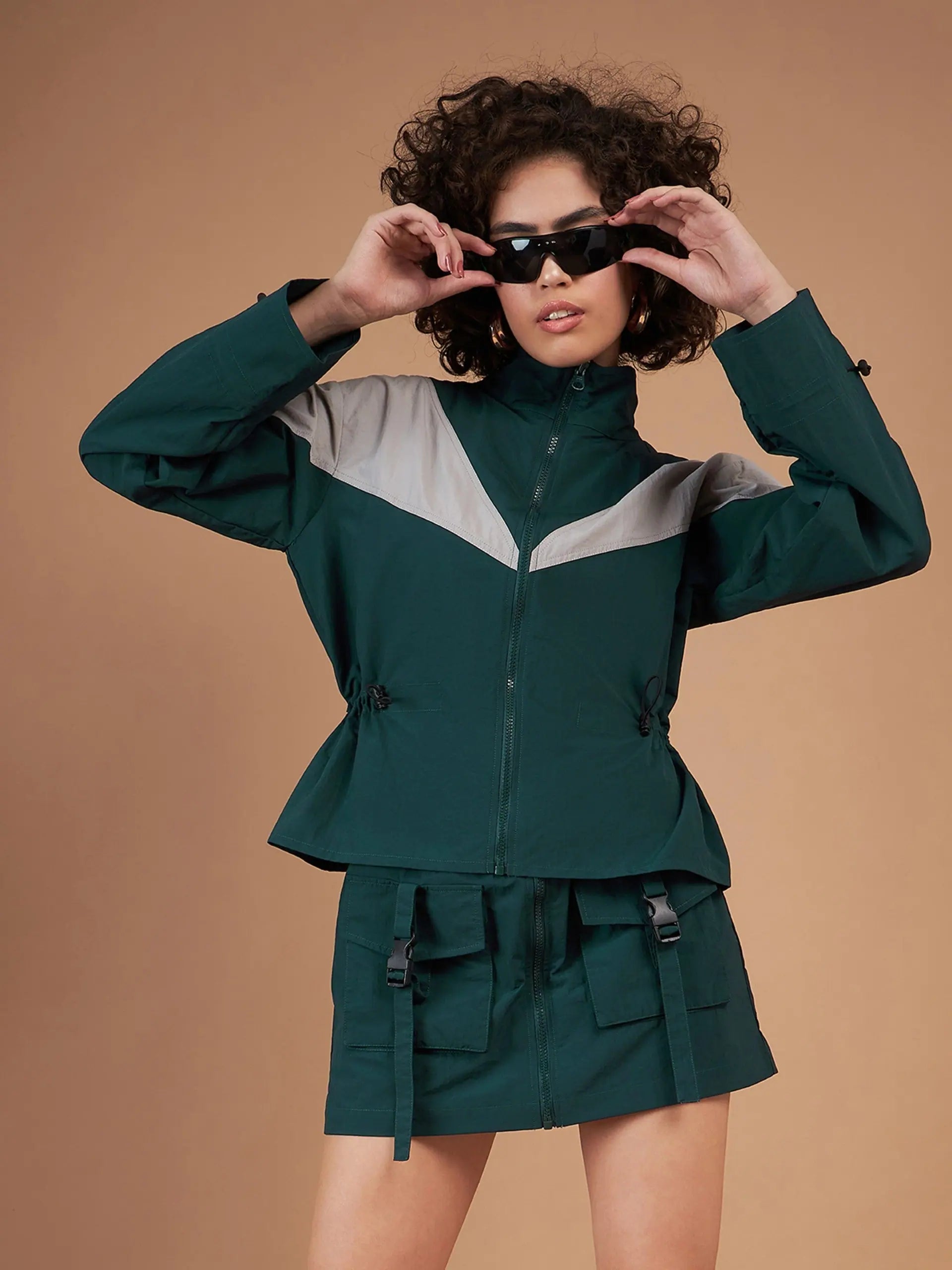 Women Color Blocked Standard Green Full Sleeve Jacket A-Line Jacket Boat Neck Shawl Collar Women Color Blocked Standard Green Full Sleeve Jacket A-Line Jacket Boat Neck Shawl Collar