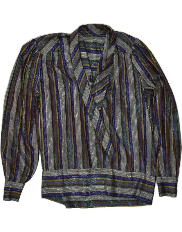 VINTAGE Womens Long Sleeve Pullover Shirt Blouse UK 18 XL Grey Pinstripe Oversized Cozy Pullover