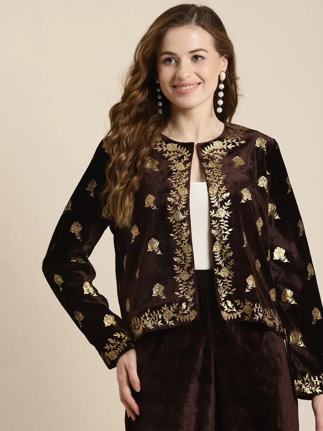Women Printed Brown Round Neck Full Sleeve Jacket Rayon Fabric Velvet Fabric Corduroy Fabric Women Printed Brown Round Neck Full Sleeve Jacket Rayon Fabric Velvet Fabric Corduroy Fabric