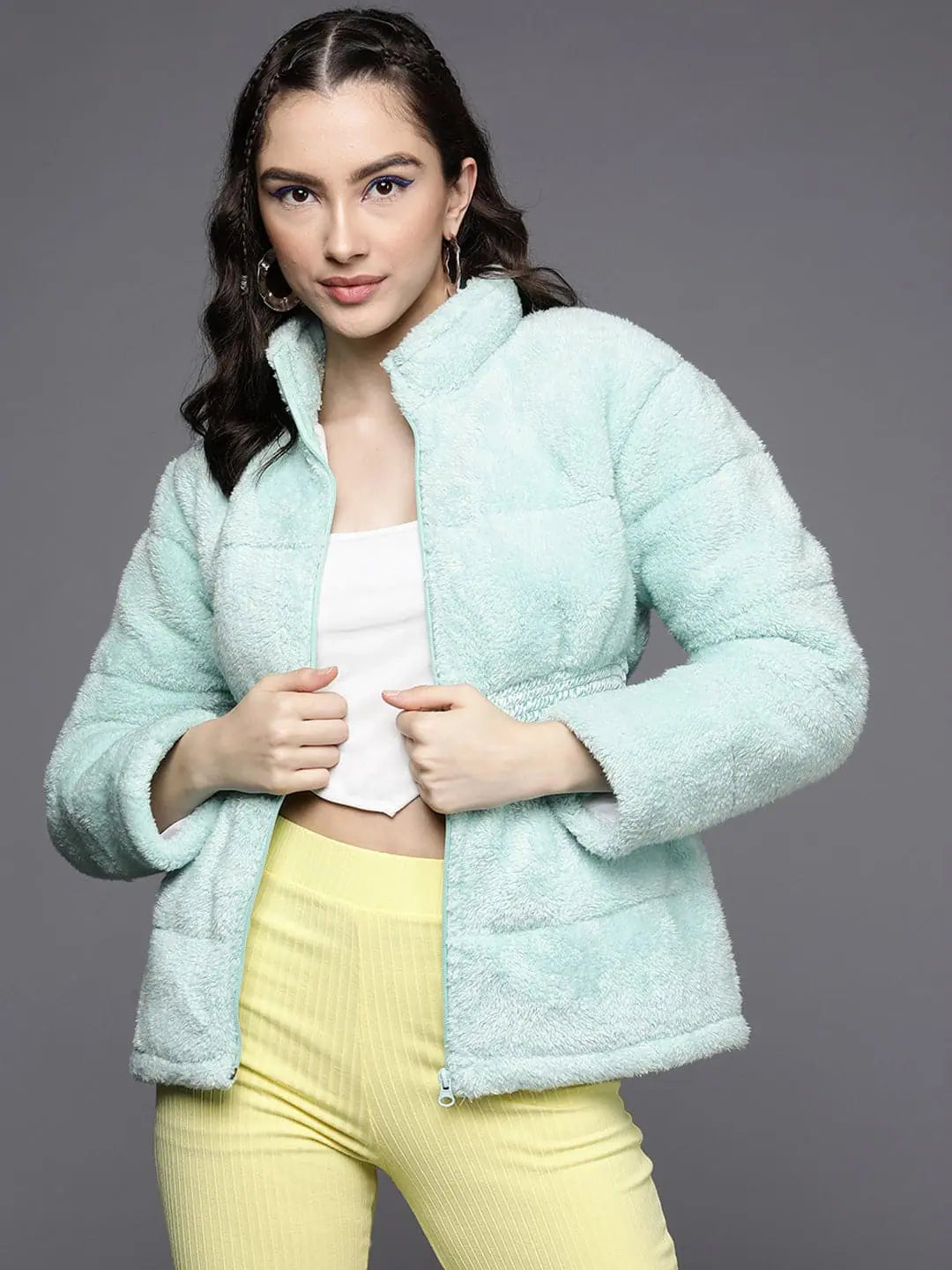 Women Solid Blue Full Sleeve Jacket Knit Jacket Woven Jacket Fleece Jacket