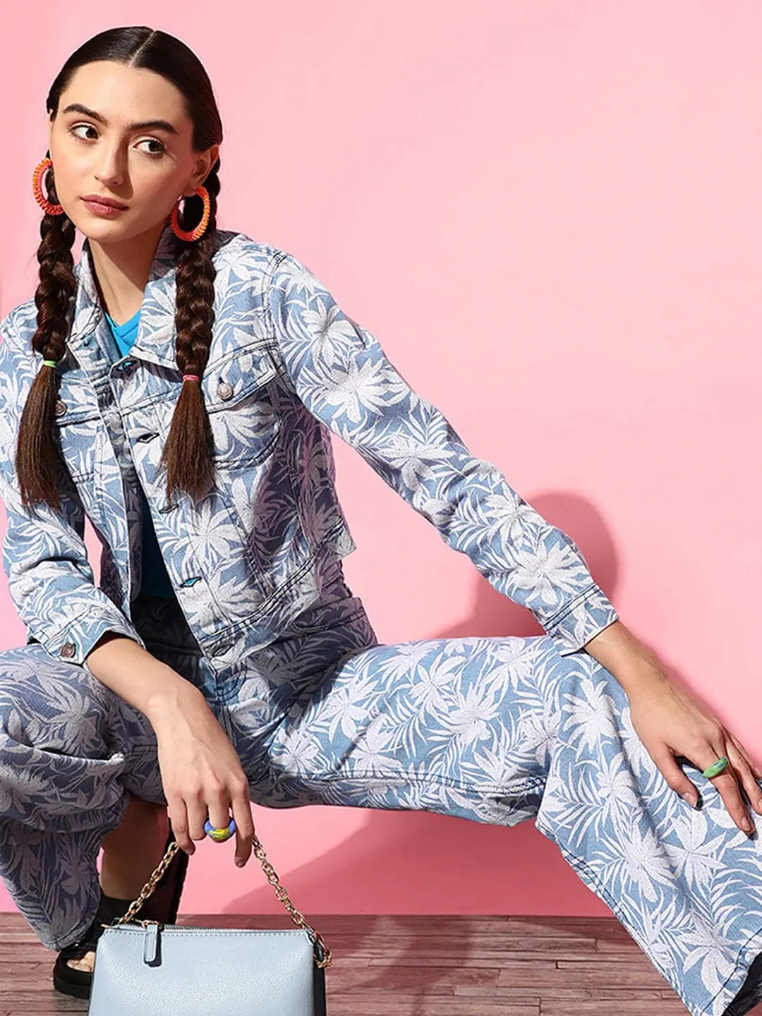 Women Printed Blue Full Sleeve Jacket Front Pockets Side Pockets Patch Pockets