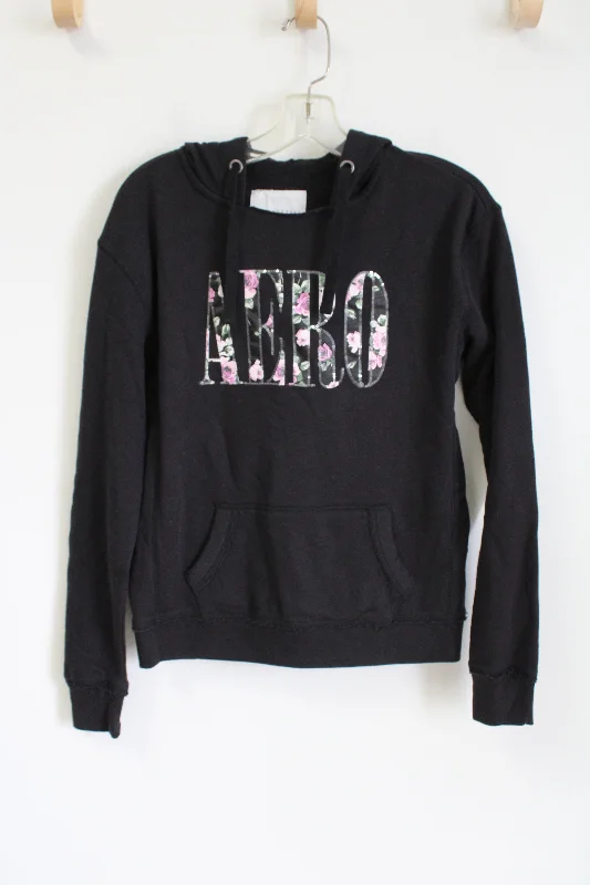 Aeropostale Black Floral Logo Hoodie | M Hoodie with Front Slit Layering Stylish