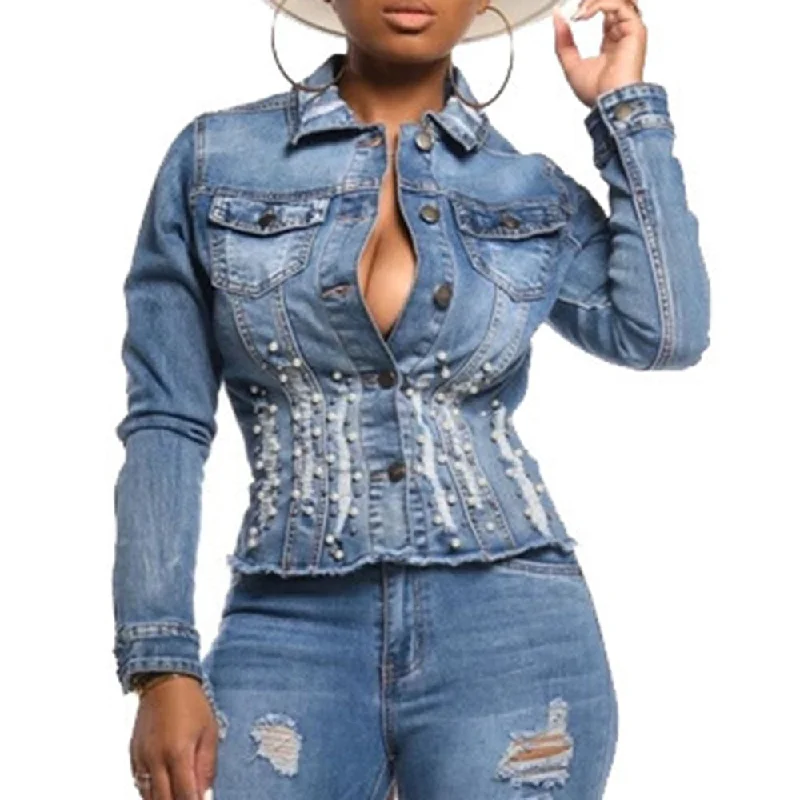 Blue Beaded Distressed Denim Jacket Bomber Jacket Anorak Windbreaker