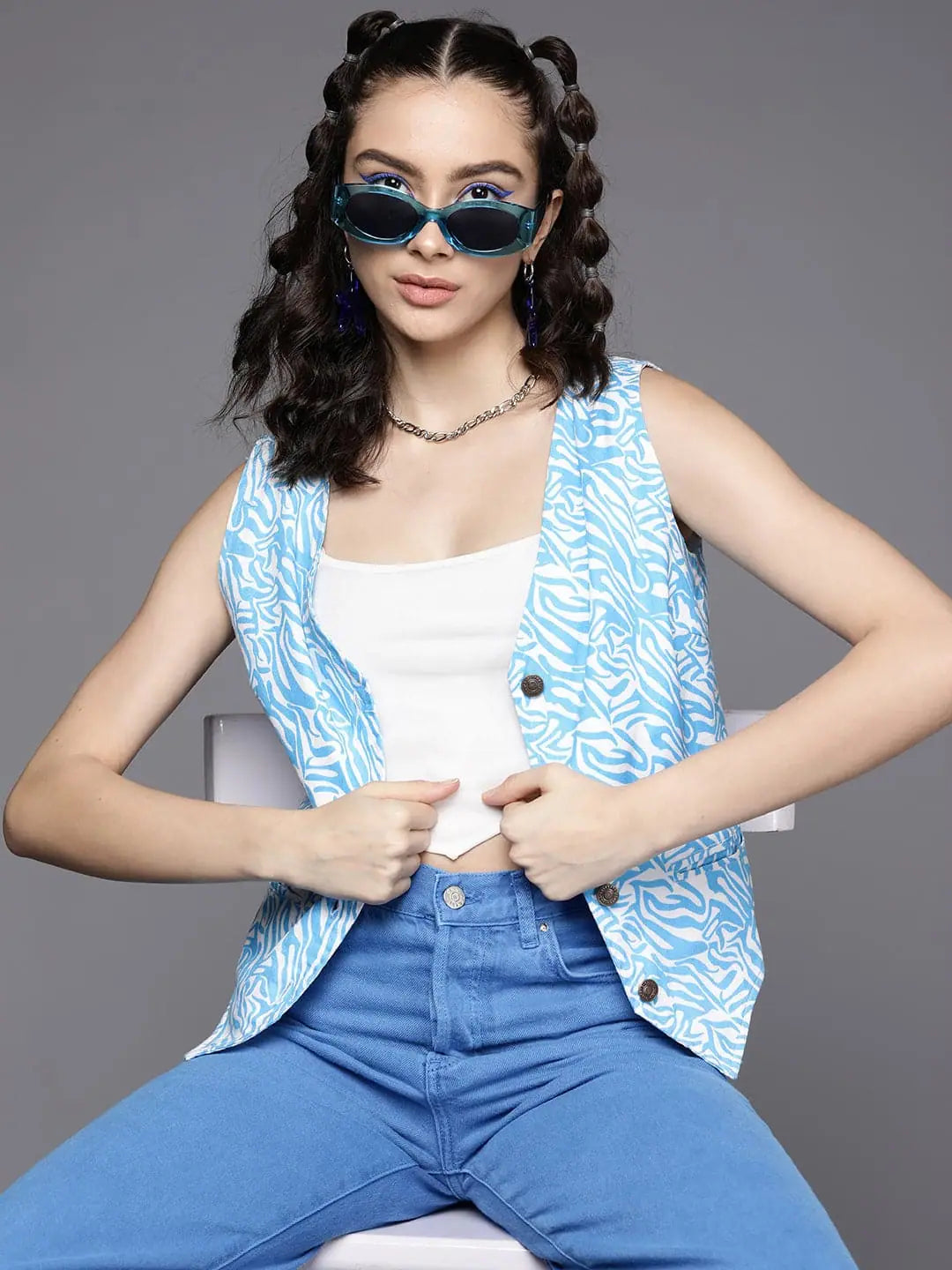 Women Printed Blue Sleeveless Jacket Fitted Jacket Loose Jacket Oversized Jacket