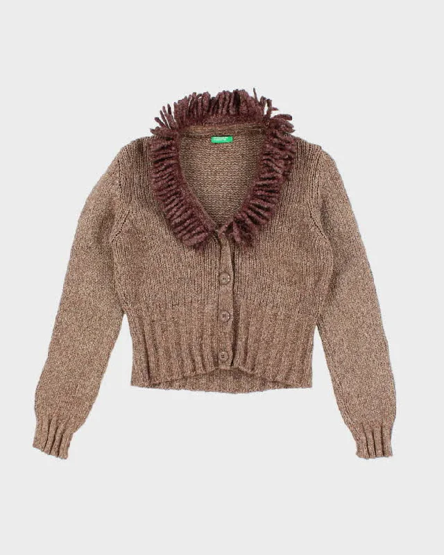 Vintage 90s United Colours Of Benetton Brown Wool & Mohair Blend Cardigan - M Ribbed Striped Patterned Vintage 90s United Colours Of Benetton Brown Wool & Mohair Blend Cardigan - M Ribbed Striped Patterned