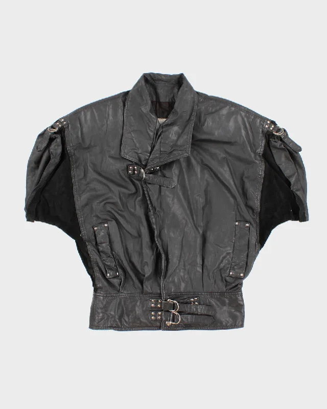 Womens Black Early 90s Leather and Suede Short Sleeve Biker Jacket - M Collared Jacket Crew Neck Jacket Turtle Neck Jacket Womens Black Early 90s Leather and Suede Short Sleeve Biker Jacket - M Collared Jacket Crew Neck Jacket Turtle Neck Jacket