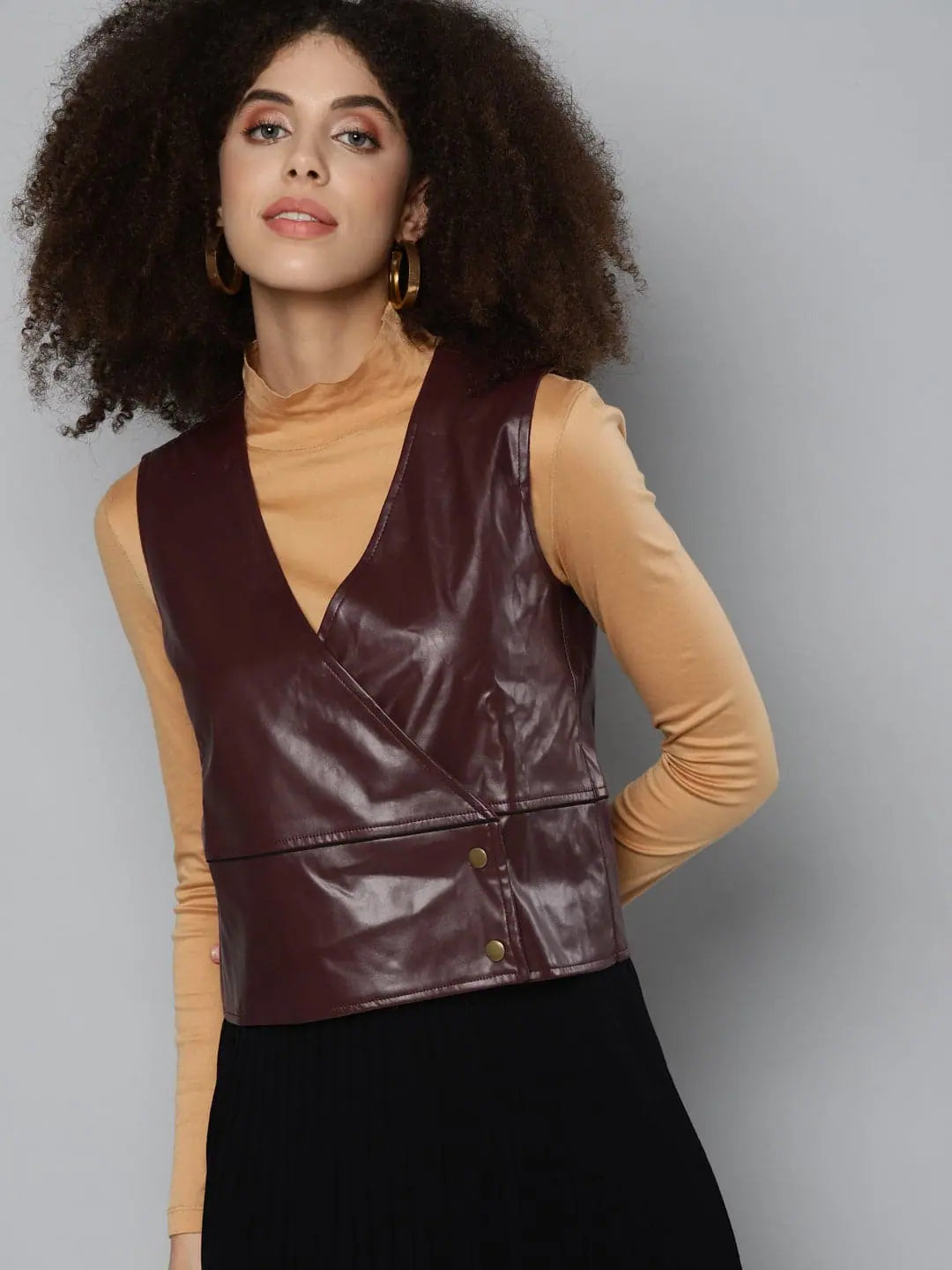 Women Solid Burgundy Sleeveless Jacket Denim Jacket Leather Jacket Suede Jacket