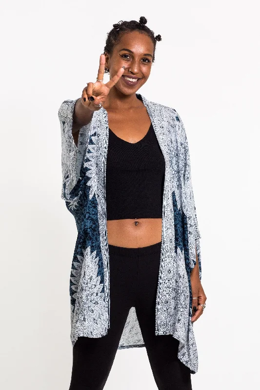 Marble Mandalas Kimono Cardigan in Indigo Polka Dot Checkered Tartan