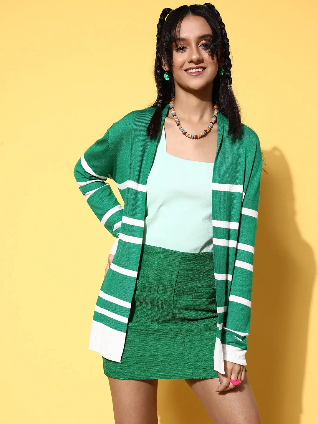 Women Striped Green Full Sleeve Jacket Stand-Up Collar Roll-Neck Collar Turtle Neck