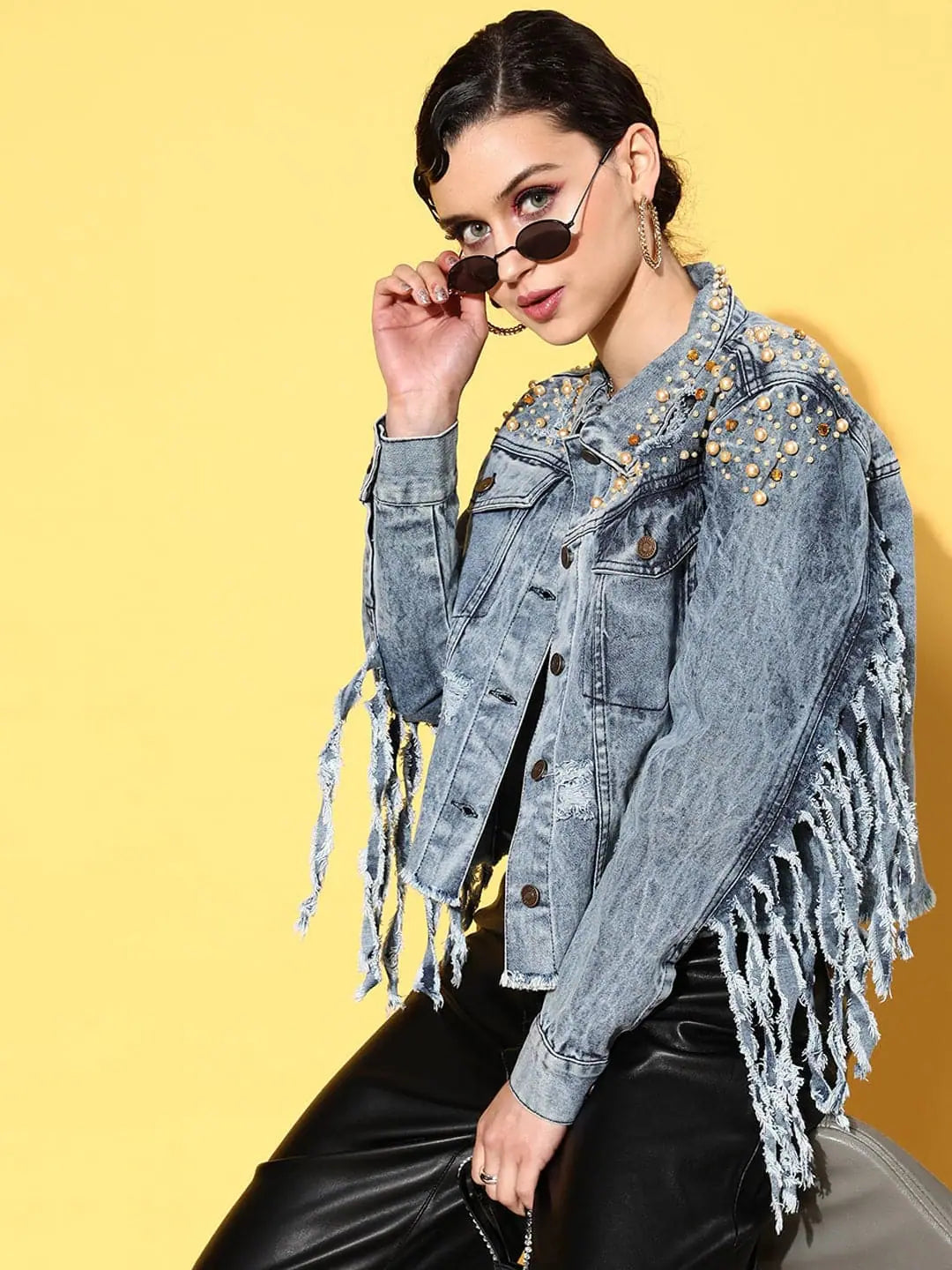 Women Embellished Blue Full Sleeve Jacket Satin Fabric Silk Fabric Chiffon Fabric