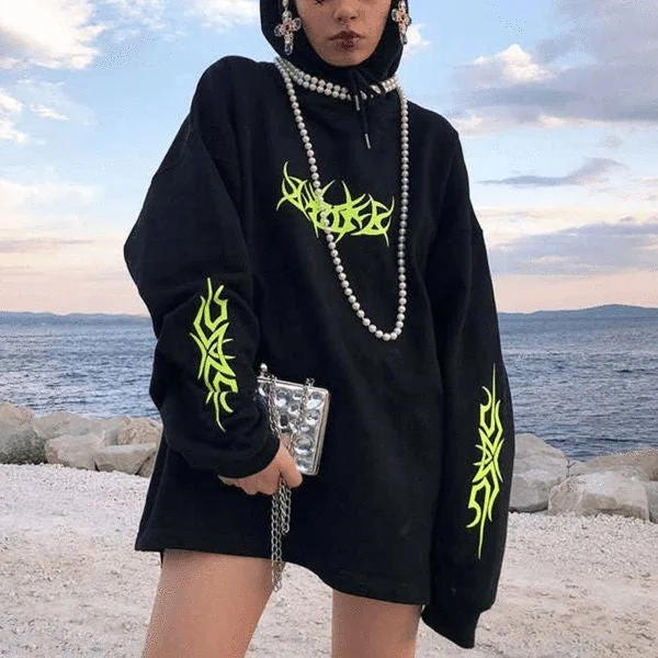 Vintage Neon Print Gothic Y2K Streetwear Style Oversized Pullover Hoodie For Women Hoodie with Thumb Holes Functional Cozy Vintage Neon Print Gothic Y2K Streetwear Style Oversized Pullover Hoodie For Women Hoodie with Thumb Holes Functional Cozy