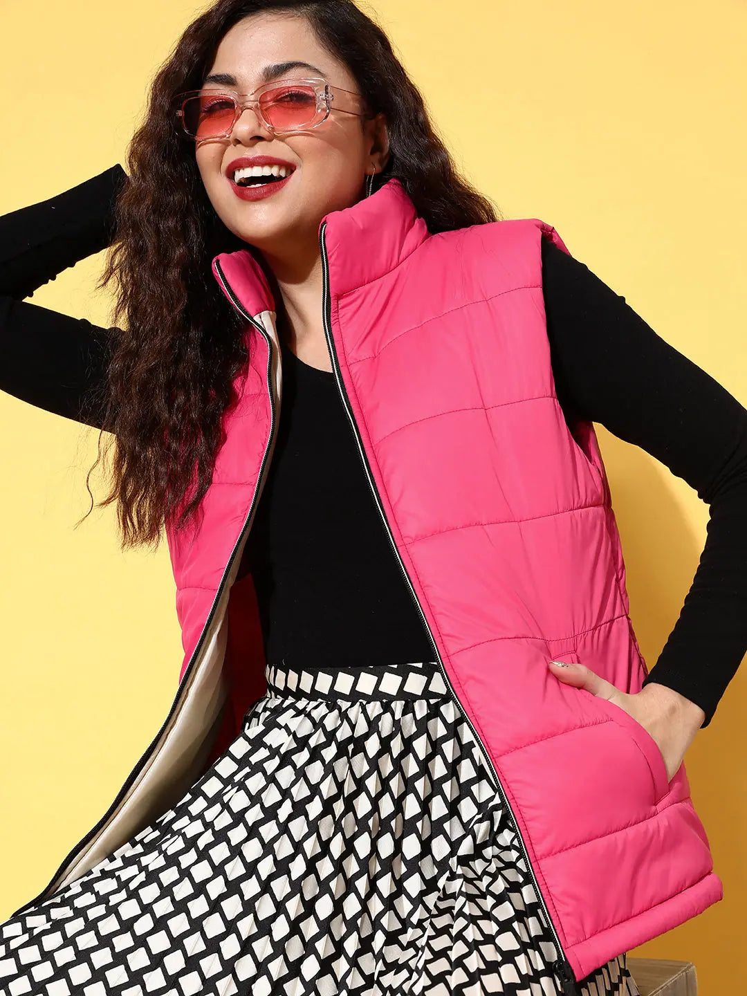 Women Solid Fuschia Sleeveless Jacket Rayon Fabric Velvet Fabric Corduroy Fabric