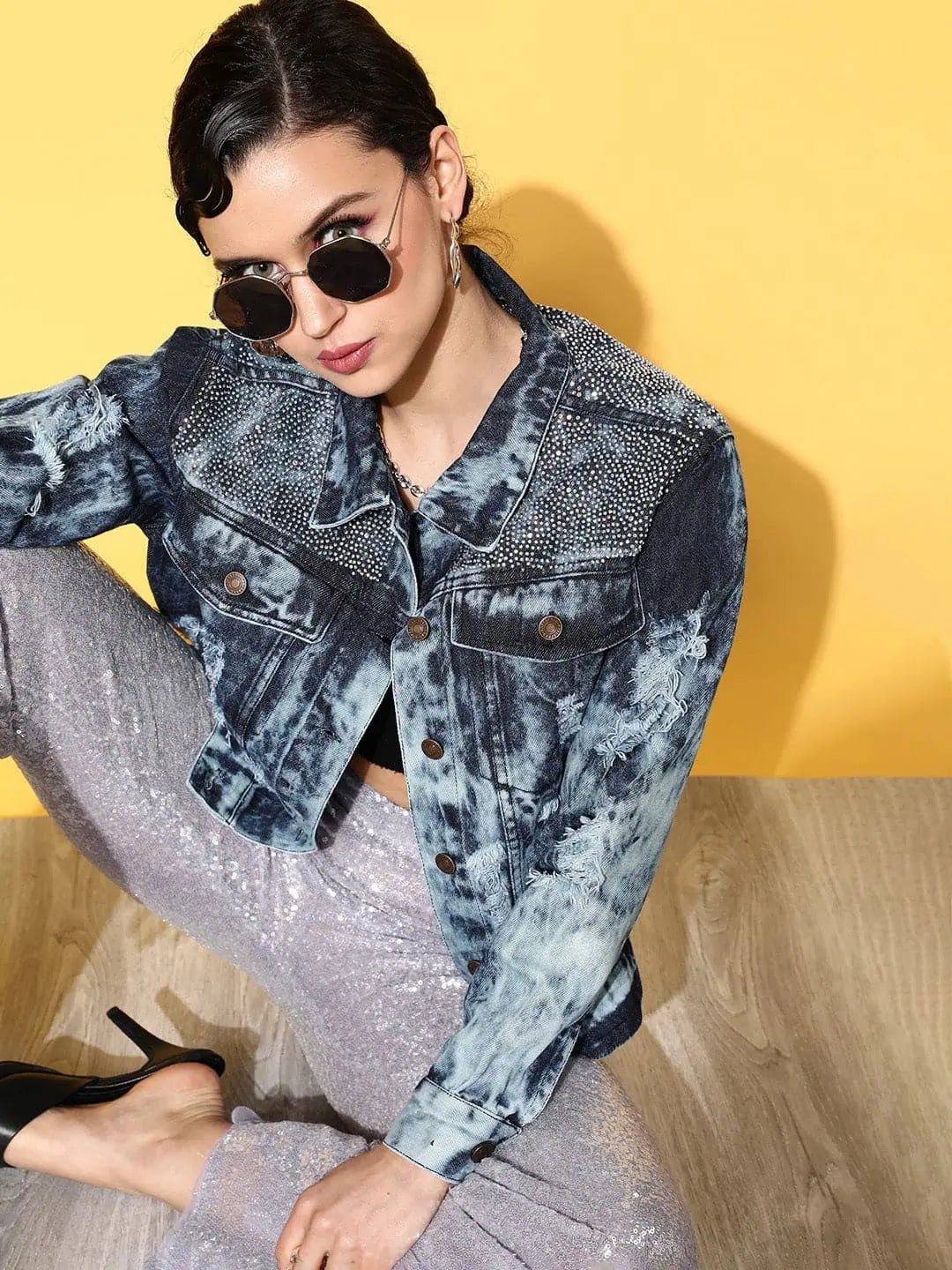 Women Embellished Blue Full Sleeve Jacket Cotton Fabric Linen Fabric Terry Fabric