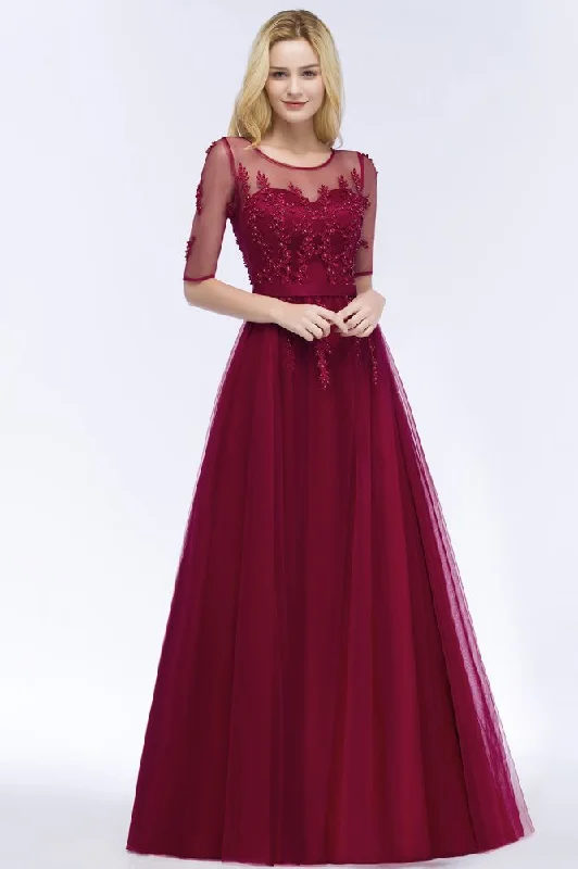 A-line Floor Length Appliques Tulle Bridesmaid Dress Half Sleeve Evening Dress Tunics Bestseller popular A-line Floor Length Appliques Tulle Bridesmaid Dress Half Sleeve Evening Dress Tunics Bestseller popular