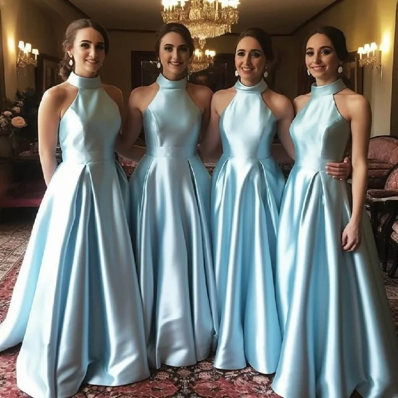 A Line Hot Halter Blue Satin Bridesmaid Dresses Sleeveless Wedding Party Dresses Tunics New arrival A Line Hot Halter Blue Satin Bridesmaid Dresses Sleeveless Wedding Party Dresses Tunics New arrival