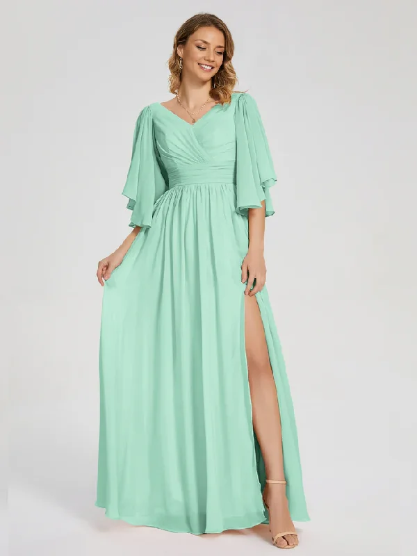 A-Line V-neck Half Sleeves Slit Chiffon Bridesmaid Dress Wedding Guest Party Dress Turtleneck Neckline Stylish A-Line V-neck Half Sleeves Slit Chiffon Bridesmaid Dress Wedding Guest Party Dress Turtleneck Neckline Stylish