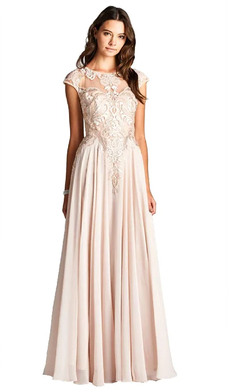 Aspeed Design - Applique Jewel Neck A-line Evening Dress Off-the-shoulder Bohemian Festive Aspeed Design - Applique Jewel Neck A-line Evening Dress Off-the-shoulder Bohemian Festive