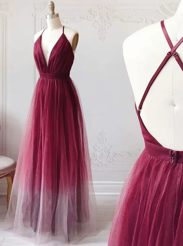 Burgundy V-neck Tulle Ombre Long Prom Dresses Backless Evening Dress PO263 Off-the-shoulder Bohemian Festive Burgundy V-neck Tulle Ombre Long Prom Dresses Backless Evening Dress PO263 Off-the-shoulder Bohemian Festive