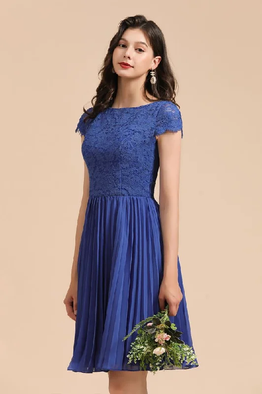 Cute Lace Chiffion Mini Party Dress Short Sleeves Knee Length Homecoming Dress sweetheart Neckline Romantic Cute Lace Chiffion Mini Party Dress Short Sleeves Knee Length Homecoming Dress sweetheart Neckline Romantic