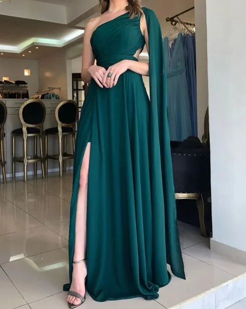 Emerald Green Chiffon Bridesmaid Dresses Wedding Guest Party Dresses One Shoulder With Slit Tunics Fashionable trendy Emerald Green Chiffon Bridesmaid Dresses Wedding Guest Party Dresses One Shoulder With Slit Tunics Fashionable trendy