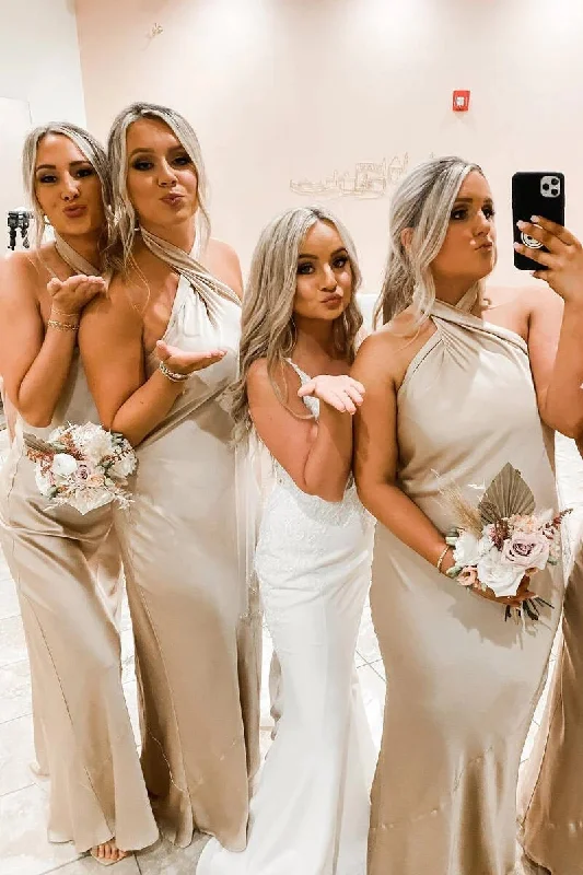 Floor Length Halter Champagne Bridesmaid Dresses Cross Front Wedding Party Dresses Tunics Bestseller popular Floor Length Halter Champagne Bridesmaid Dresses Cross Front Wedding Party Dresses Tunics Bestseller popular