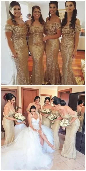 gold bridesmaid dresses long mermaid off the shoulder sparkly bling elegant wedding party dress Tunics Silk luxurious gold bridesmaid dresses long mermaid off the shoulder sparkly bling elegant wedding party dress Tunics Silk luxurious