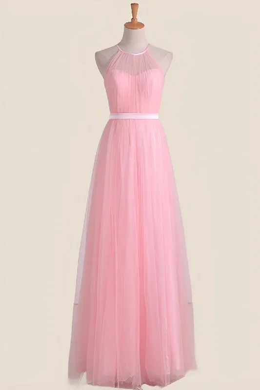 Halter Pink Pleated Tulle A-line Long Party Dress Tunics Practical easy-care