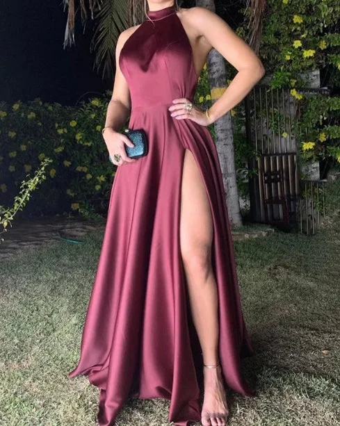 Halter Split Open Back Satin Bridesmaid Dresses High Slit A-Line Wedding Guest Party Dresses Tunics Stylish elegant Halter Split Open Back Satin Bridesmaid Dresses High Slit A-Line Wedding Guest Party Dresses Tunics Stylish elegant