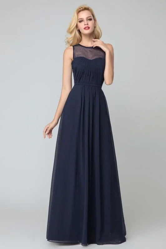 Illusion Neckline Navy Bridesmaid Long Party Dress Tunics Chinos classic