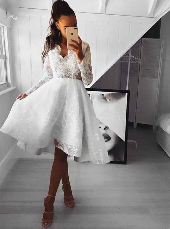 Lace Long Sleeves Short Prom Dress, Open Back Homecoming Party Dress OM411 Tunics Summer linen Lace Long Sleeves Short Prom Dress, Open Back Homecoming Party Dress OM411 Tunics Summer linen