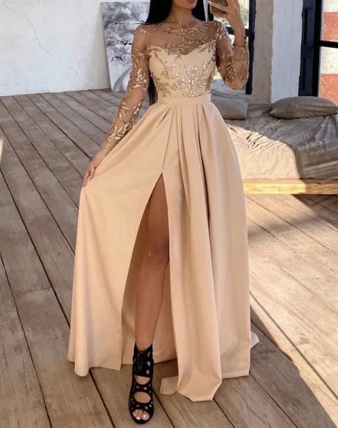 Long Sleeves Champagne Bridesmaid Dresses High Slit Evening Dresses Halter Neckline Beach Long Sleeves Champagne Bridesmaid Dresses High Slit Evening Dresses Halter Neckline Beach