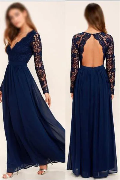 Long Sleeves V Neck Backless Navy Blue Lace Prom Dresses Evening Dress Bridesmaid Dress Tunics Luxurious premium Long Sleeves V Neck Backless Navy Blue Lace Prom Dresses Evening Dress Bridesmaid Dress Tunics Luxurious premium