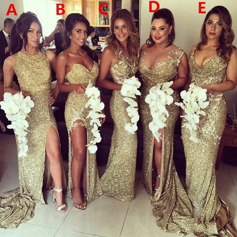 Mismatched Gold Sequin Sparkle Women Long Wedding Party Dresses, BG51375 Turtleneck Neckline Stylish Mismatched Gold Sequin Sparkle Women Long Wedding Party Dresses, BG51375 Turtleneck Neckline Stylish