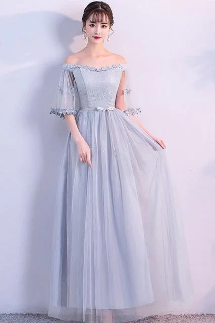 Off the Shoulder Blue Short Sleeve Tulle Bridesmaid Dresses Floor Length Wedding Party Dress Off-the-shoulder Chic Trendy Off the Shoulder Blue Short Sleeve Tulle Bridesmaid Dresses Floor Length Wedding Party Dress Off-the-shoulder Chic Trendy