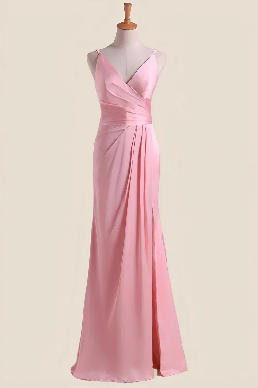 Pink Pleated Faux-Wrap Long Party Dress Shift Classic Vintage
