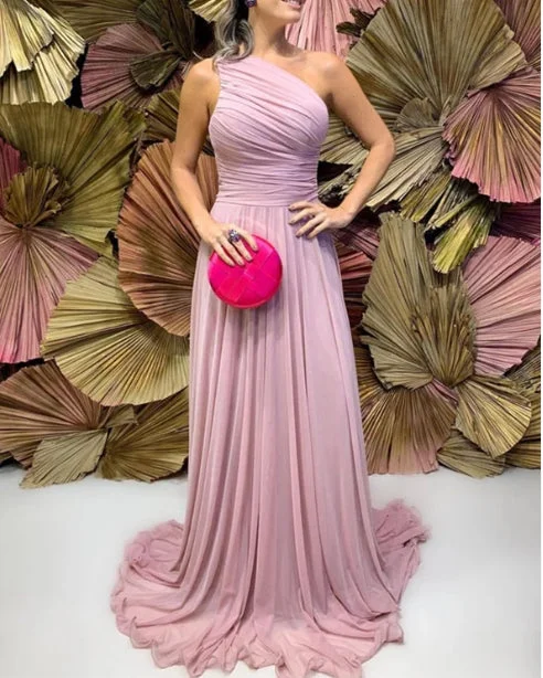 Pleated Chiffon One Shoulder Bridesmaid Dresses Wedding Guest Party Dresses With Sweep Train Tunics Exclusive limited Pleated Chiffon One Shoulder Bridesmaid Dresses Wedding Guest Party Dresses With Sweep Train Tunics Exclusive limited