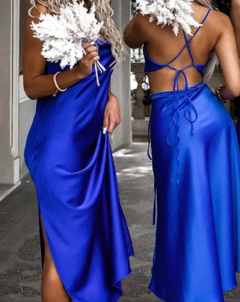 Royal Blue Midi Spaghetti Strap Bridesmaid Dresses Open Back Satin Party Dresses Tunics Sophisticated sleek Royal Blue Midi Spaghetti Strap Bridesmaid Dresses Open Back Satin Party Dresses Tunics Sophisticated sleek