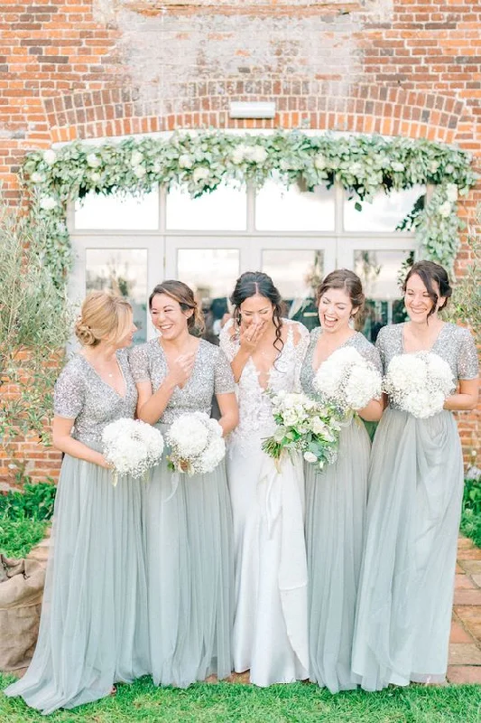 sage green bridesmaid dresses long v neck sparkly sequined short sleeve elegant wedding party dresses Tunics Polka dots