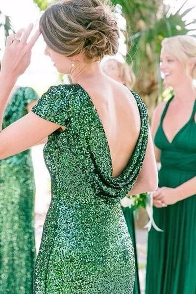 Sequin Green Wedding Party Dresses with Short Sleeves Crew Neckline Casual
