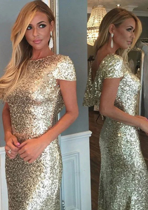 Sheath Bateau Short Sleeve Draped Floor Length Sweep Gold Sequin Evening Dress Tunics Long Elegant