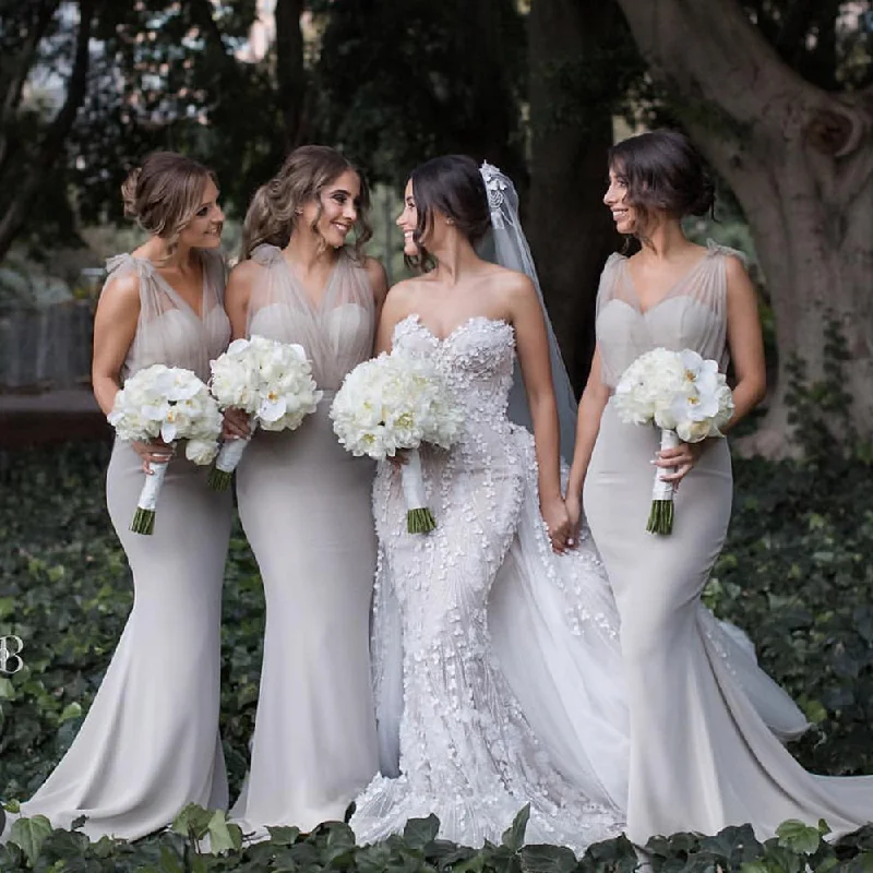 silver bridesmaid dresses long v neck mermaid tulle elegant sleeveless cheap wedding party dresses Tunics Long Elegant