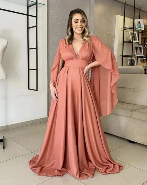 Simple V Neck Chiffon Bridesmaid Dresses Puffy Sleeves Floor-length Wedding Guest Party Dresses Tunics Evening elegant Simple V Neck Chiffon Bridesmaid Dresses Puffy Sleeves Floor-length Wedding Guest Party Dresses Tunics Evening elegant