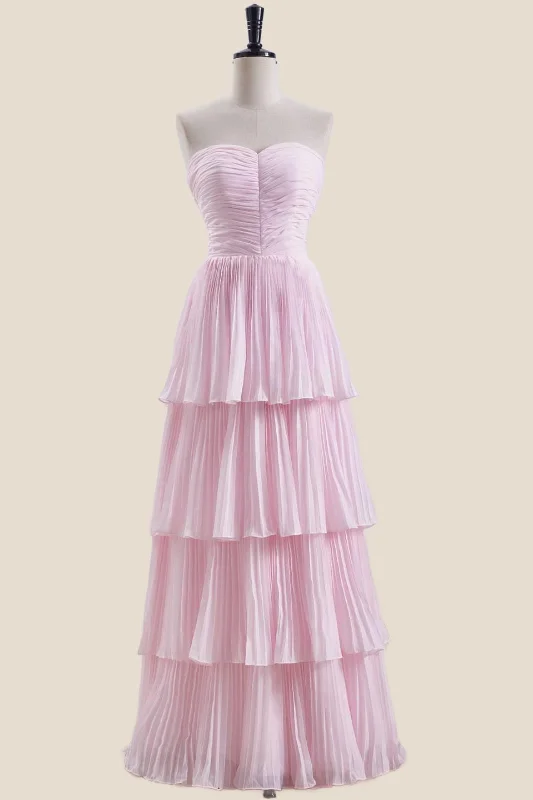 Strapless Pink Pleated Tiered Long Party Dress Tunics Solid Classic