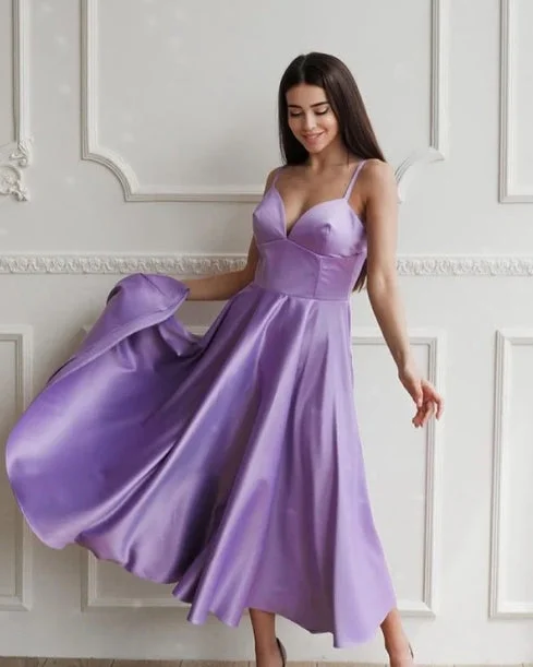 Tea Length Bridesmaid Dresses Satin V Neck A-Line Party Dresses Off-the-shoulder Chic Trendy Tea Length Bridesmaid Dresses Satin V Neck A-Line Party Dresses Off-the-shoulder Chic Trendy