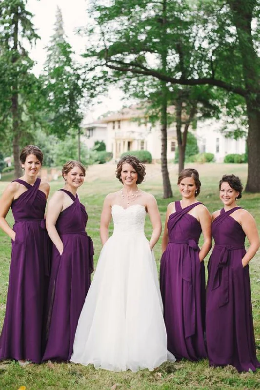 Traditional Wedding Party Dress Grape Purple Chiffon Bridesmaid Gown with Pockets High-Low Hemline Casual Traditional Wedding Party Dress Grape Purple Chiffon Bridesmaid Gown with Pockets High-Low Hemline Casual