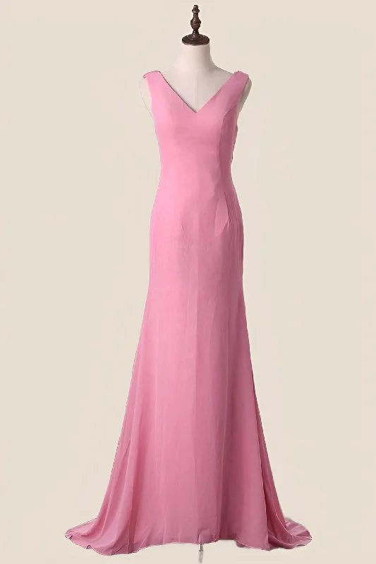 V Neck Blush Pink Chiffon Long Party Dress Tunics Sophisticated sleek