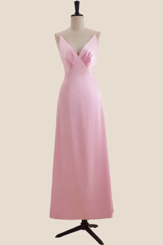 V Neck Pink Satin A-line Long Party Dress Tunics New arrival